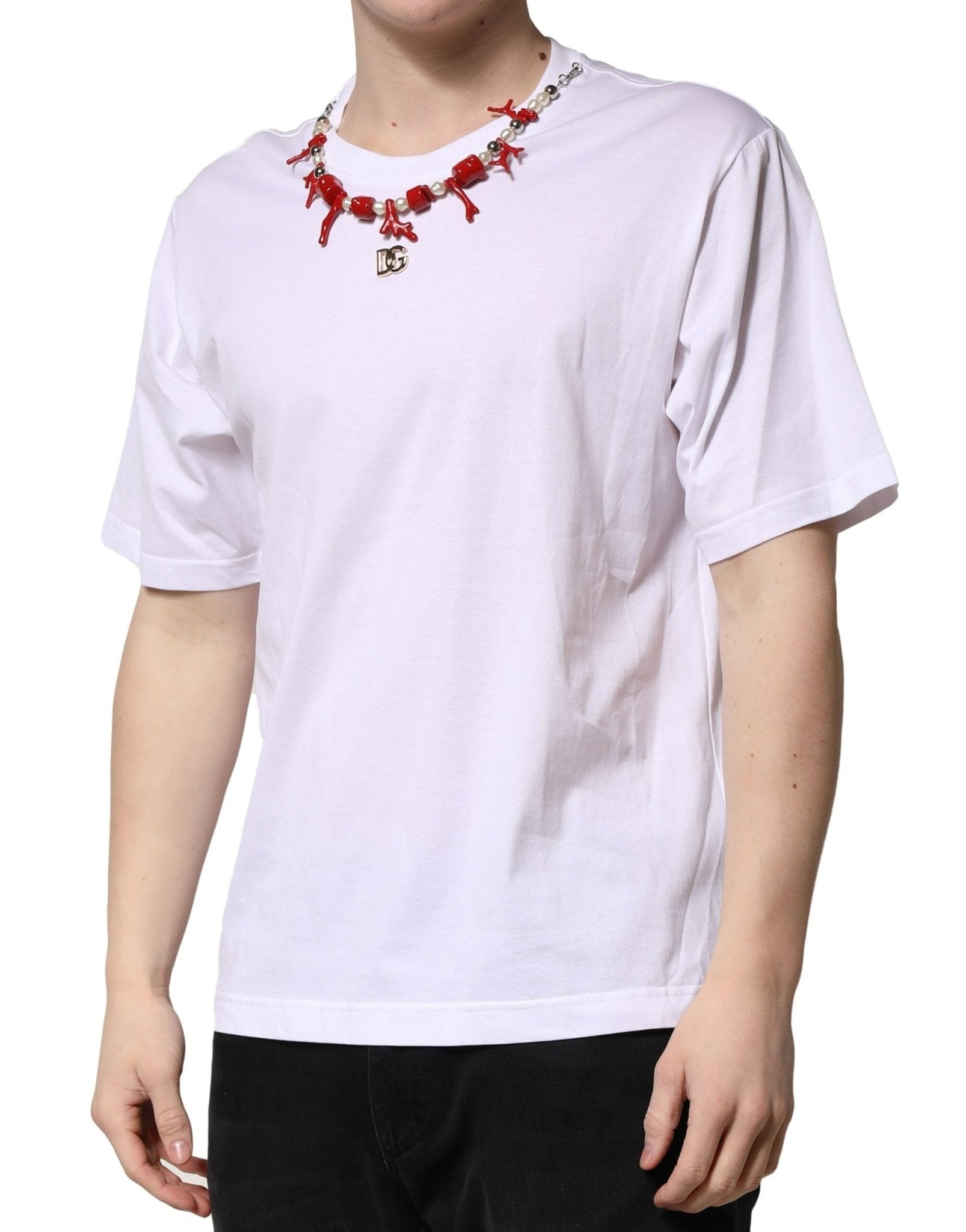 Dolce & Gabbana White Embellished Cotton Crew Neck T-shirt - Le schmidt
