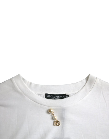 Dolce & Gabbana White Embellished Cotton Crew Neck T-shirt - Le schmidt