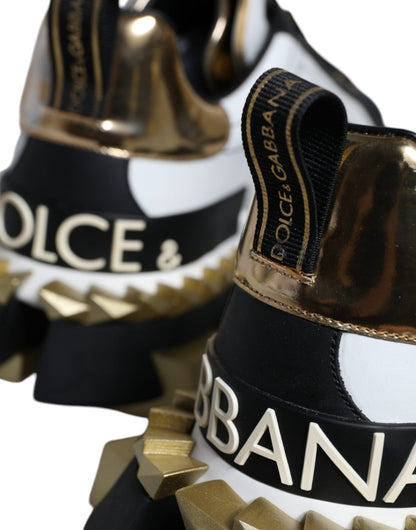 Dolce & Gabbana White Gold Black Leather SUPER KING Sneakers Shoes - Le schmidt
