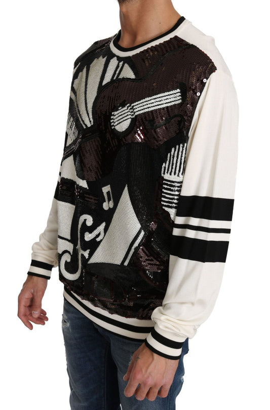 Dolce & Gabbana White Jazz Sequined Guitar Pullover Top Sweater - Le schmidt