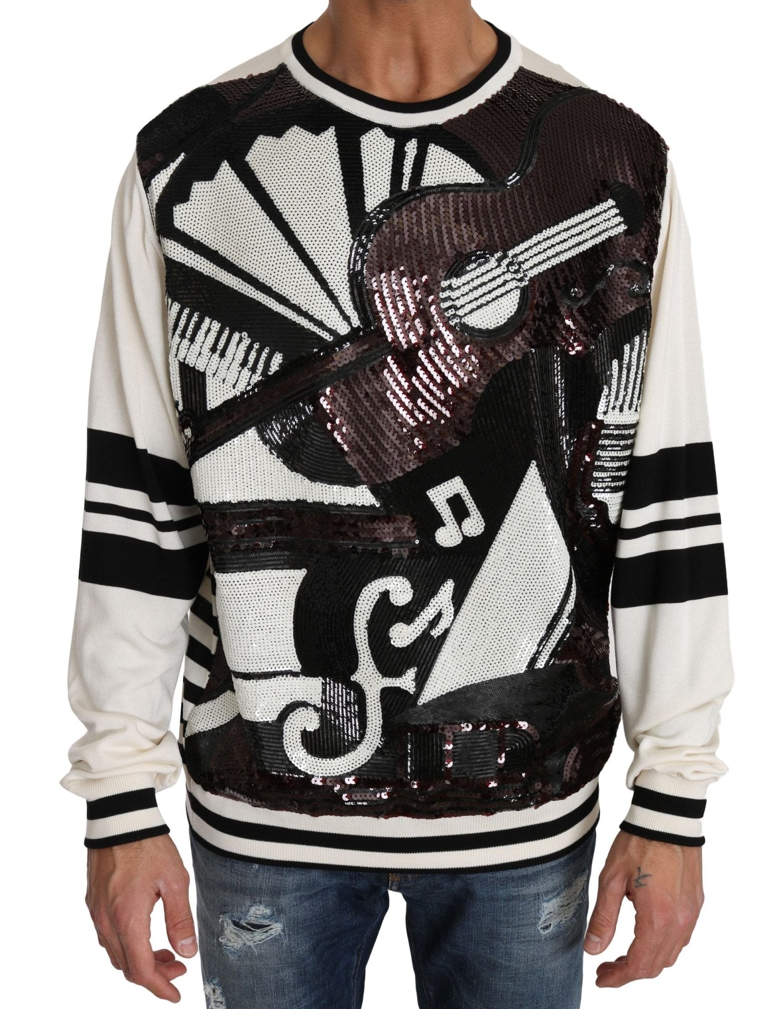 Dolce & Gabbana White Jazz Sequined Guitar Pullover Top Sweater - Le schmidt