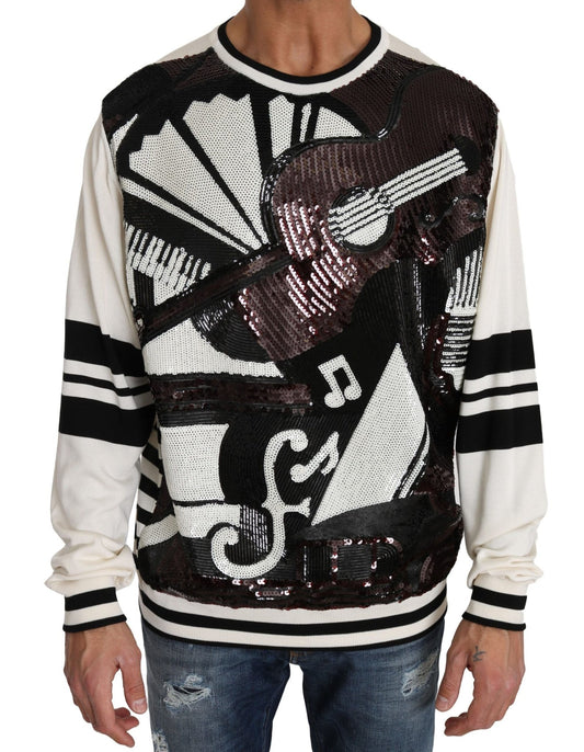 Dolce & Gabbana White Jazz Sequined Guitar Pullover Top Sweater - Le schmidt