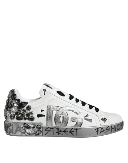 Dolce & Gabbana White Silver Crystal Logo Portofino Sneakers Shoes - Le schmidt