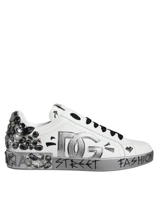 Dolce & Gabbana White Silver Crystal Logo Portofino Sneakers Shoes - Le schmidt
