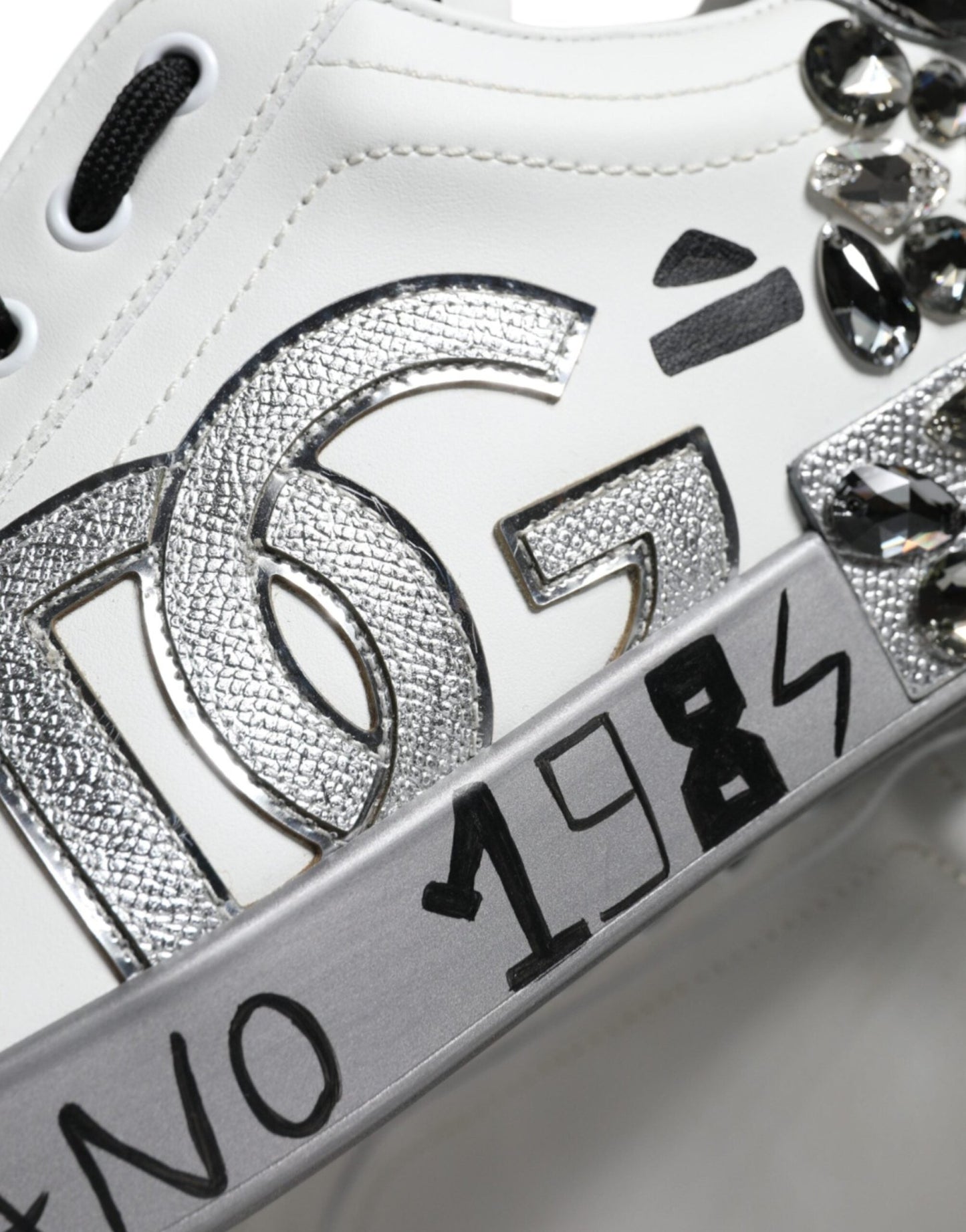 Dolce & Gabbana White Silver Crystal Logo Portofino Sneakers Shoes - Le schmidt