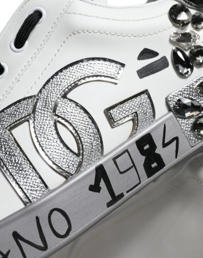 Dolce & Gabbana White Silver Crystal Logo Portofino Sneakers Shoes - Le schmidt