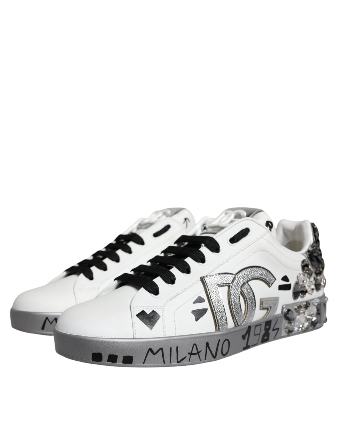 Dolce & Gabbana White Silver Crystal Logo Portofino Sneakers Shoes - Le schmidt