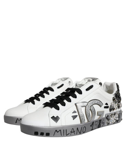 Dolce & Gabbana White Silver Crystal Logo Portofino Sneakers Shoes - Le schmidt