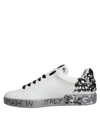 Dolce & Gabbana White Silver Crystal Logo Portofino Sneakers Shoes - Le schmidt