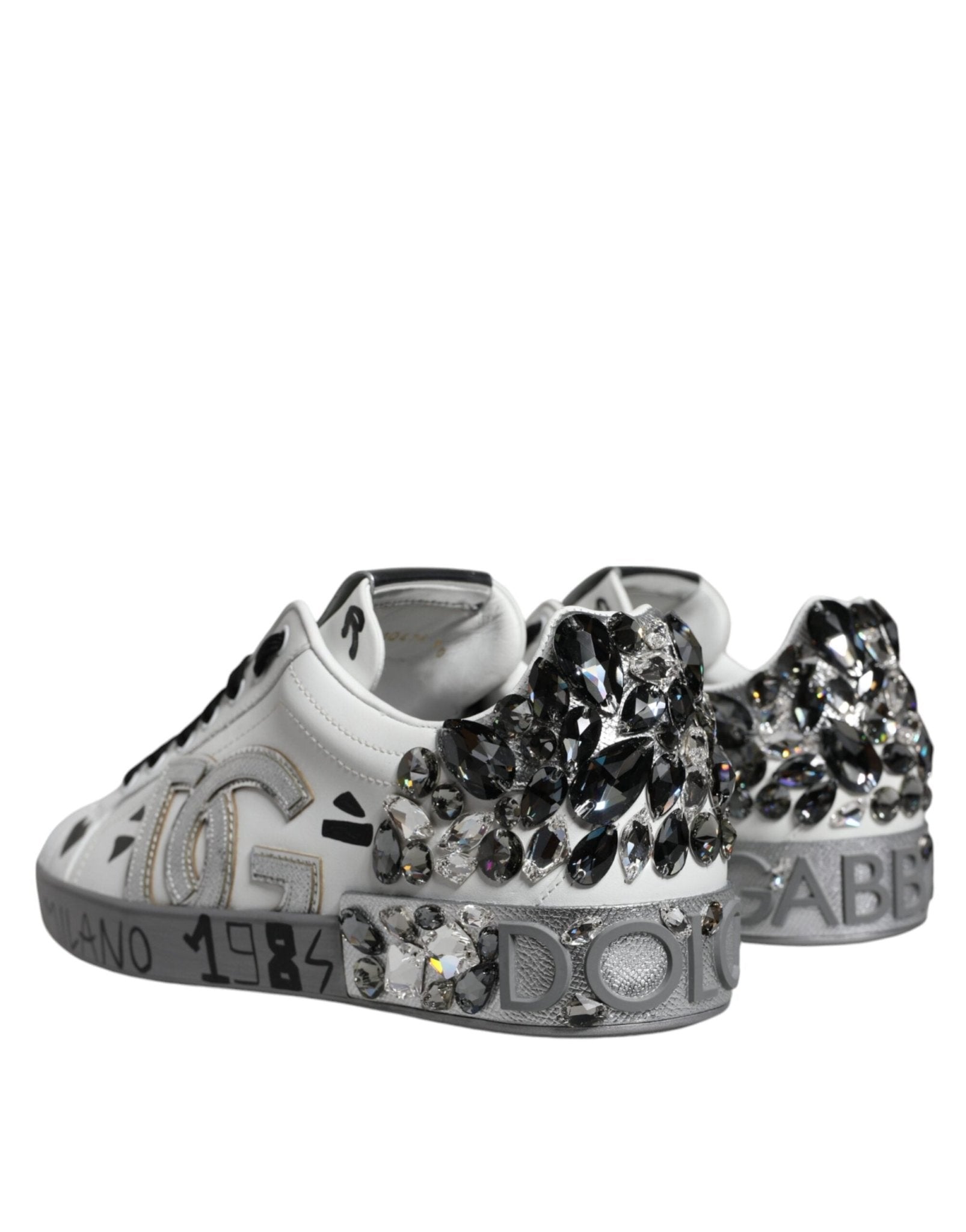 Dolce & Gabbana White Silver Crystal Logo Portofino Sneakers Shoes - Le schmidt