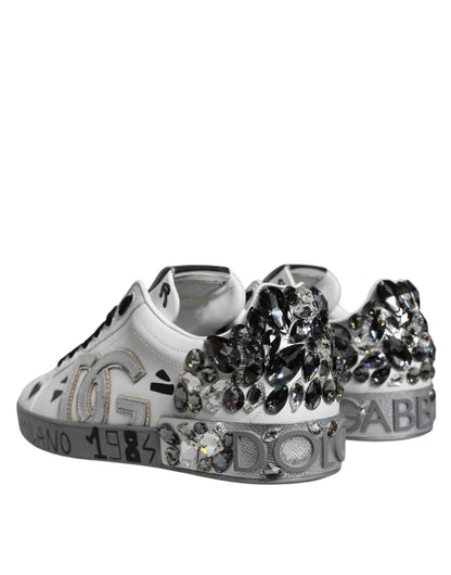 Dolce & Gabbana White Silver Crystal Logo Portofino Sneakers Shoes - Le schmidt