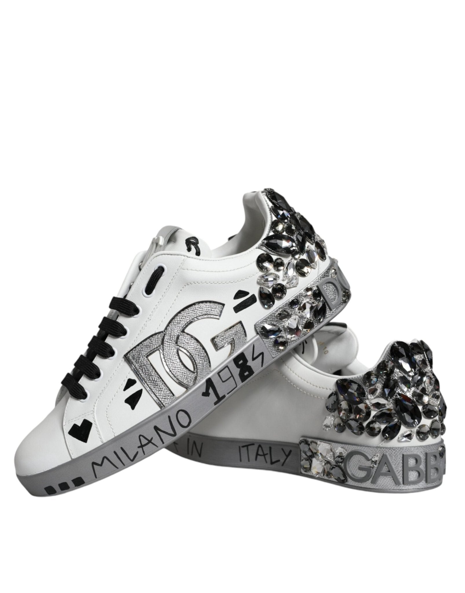 Dolce & Gabbana White Silver Crystal Logo Portofino Sneakers Shoes - Le schmidt